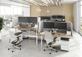 Shop HAT Collective Benching with Worksurface — electric sit-stand benching with dual sync motors, 300 lb capacity, Power Beam integrated, anti-collision, 4-position handset, 6 worksurface sizes, 12-year warranty. Free US shipping. $2,855.00.