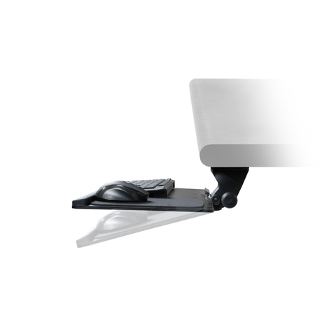 Image of HAT Collective KT-27 keyboard tray mounted view — ergonomic under-desk keyboard platform