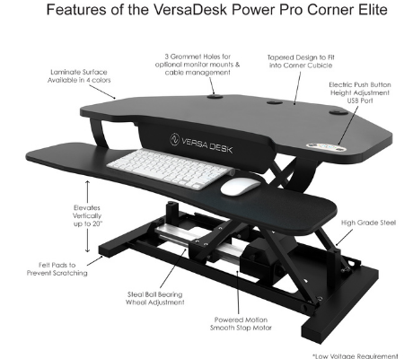Image of Versadesk PowerPro® Elite Corner - Sit To Stand Electric Desk Converter With USB Charging Plug, Memory Setting And App Controllable